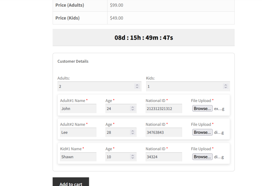 Collect Customers Details with Forms Add customizable forms on the event page to gather information about attendees. It collects data such as user name, age, national ID, and a file upload. Helpful for personalized event management.