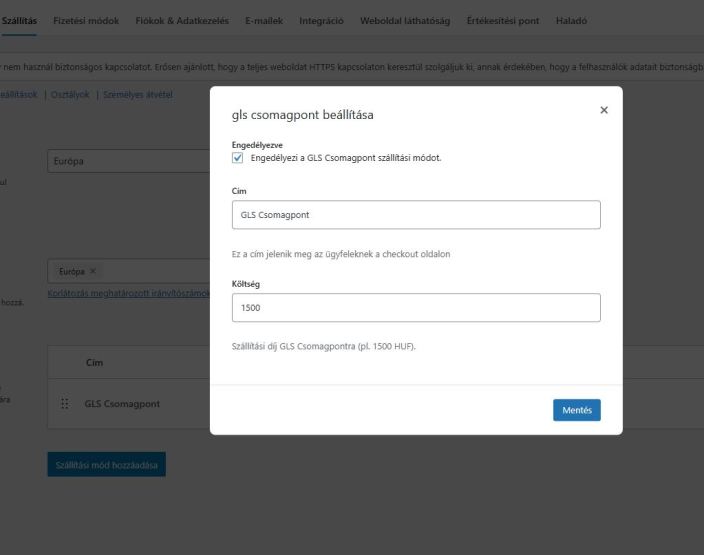 GLS Parcel Shop settings in WooCommerce admin panel