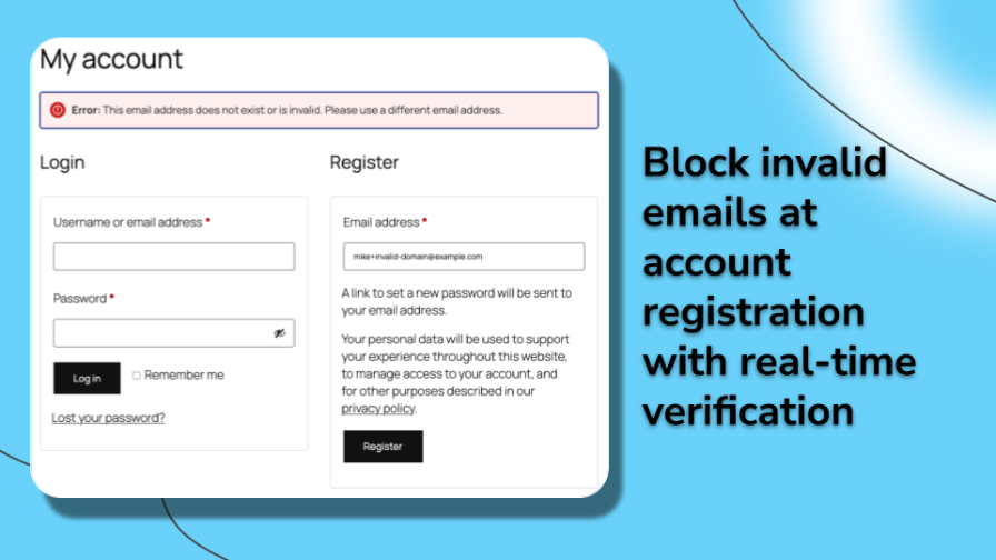 Block invalid emails at account registration with real-time verification