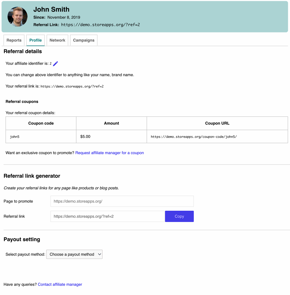 Affiliate's profile in My Account