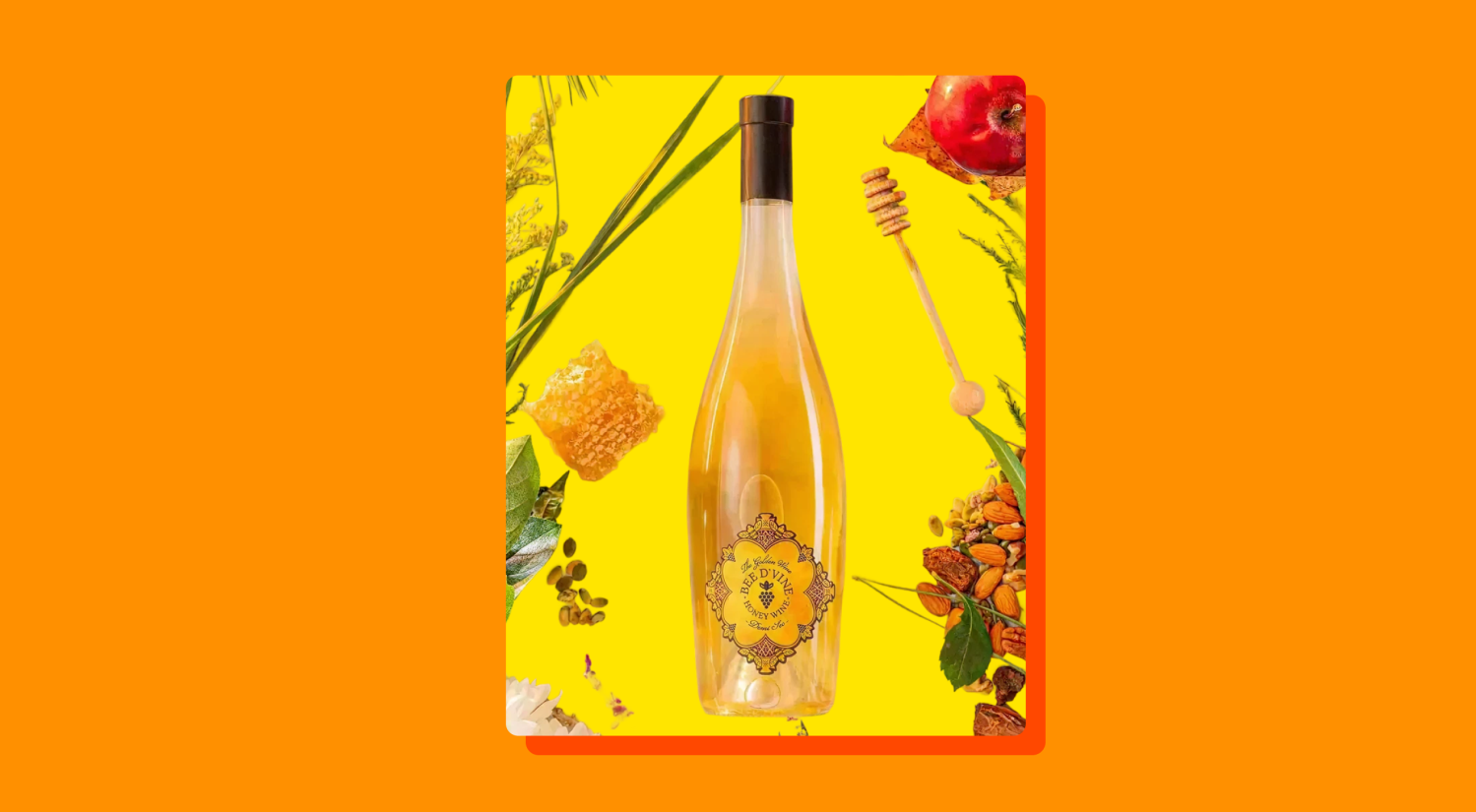 a photo of a bottle of honey wine bordered by flowers and on an orange background