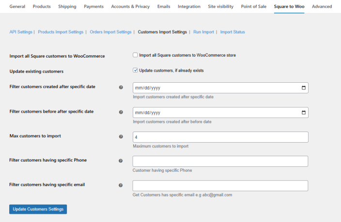 Customer Import Settings of the Square to WooCommerce Plugin