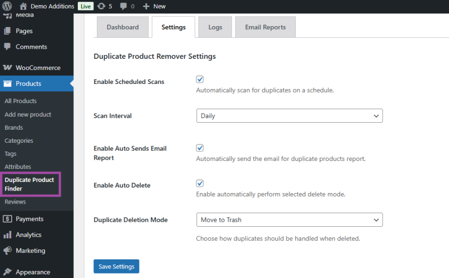Product duplicate finder and remover settings