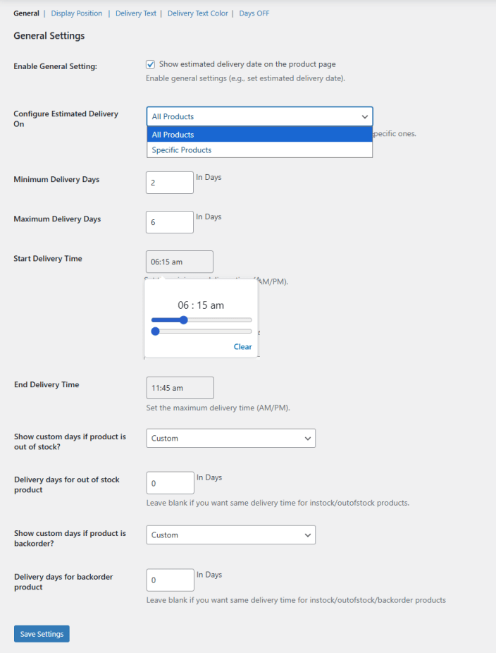 Estimated Delivery Date General Settings
