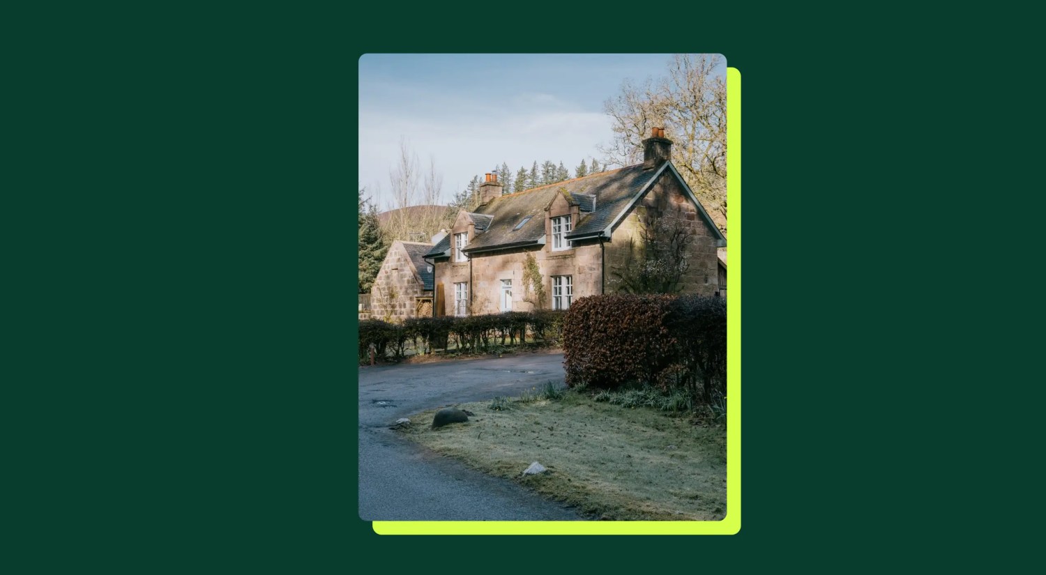 a photo of a historical Scottish cottage on a dark green background