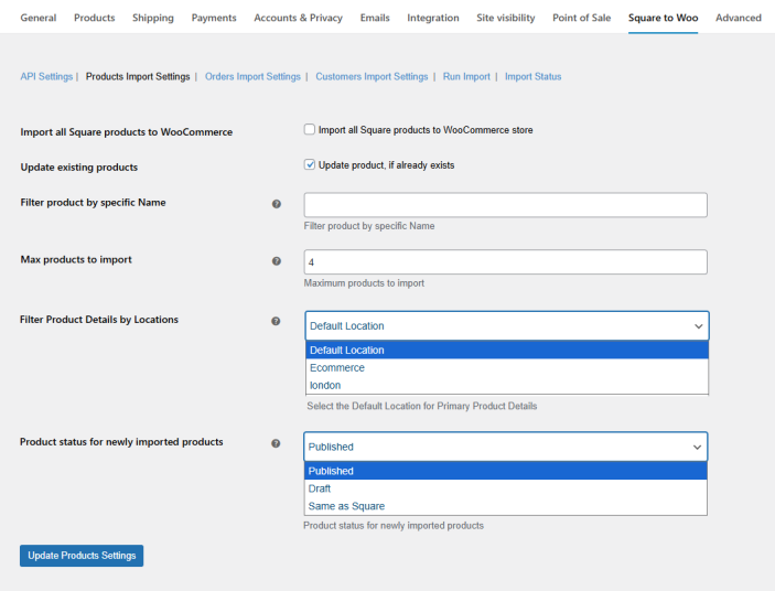 Product Import Settings of the Square to WooCommerce Plugin
