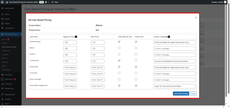 Illustration showing a quick popup-based editor in WooCommerce for managing user role-based pricing, hiding buttons, and setting custom messages directly on the product page for fast and efficient management.