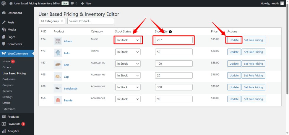 Graphic illustrating stock management in WooCommerce, showing individual stock tracking for products and variations, with global inventory control and accurate availability information for all user roles.