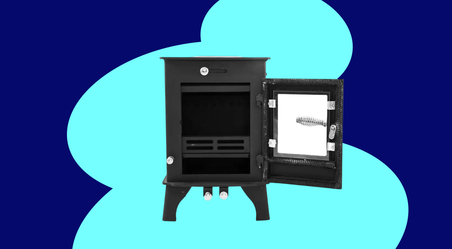 a photo of a small wood stove on a light and dark blue background