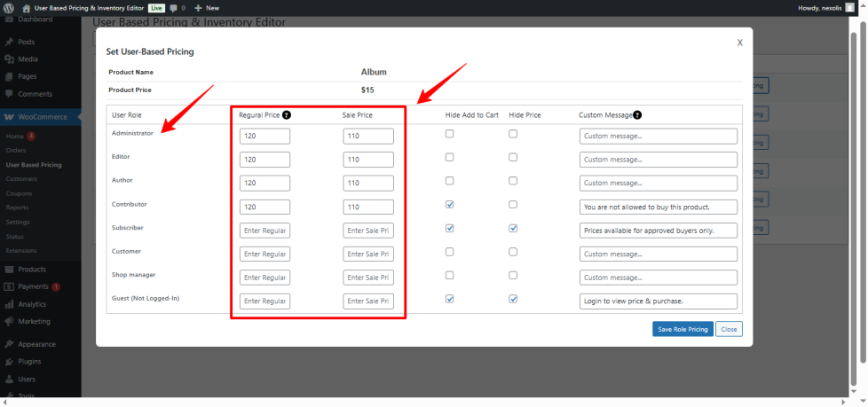 Illustration showing user role-based pricing in WooCommerce, highlighting custom prices for different roles like Administrators, Editors, Authors, Customers, Shop Managers, and Guests, with default product price applied if no custom price is set.