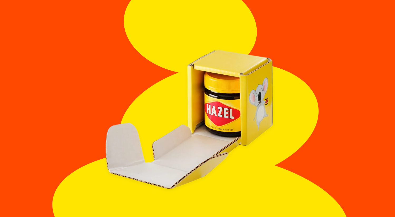 a customized jar of vegemite on a yellow and orange background