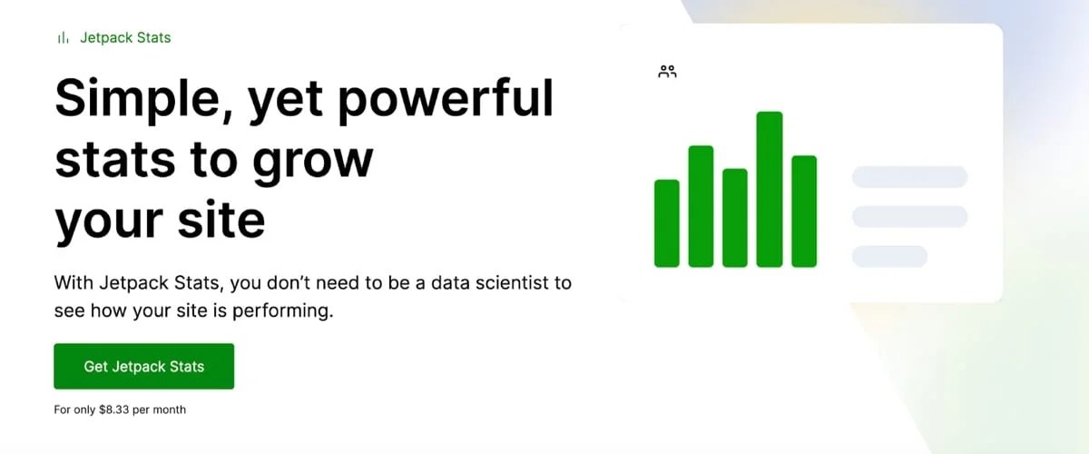 Jetpack Stats homepage with the text "simple, yet powerful stats to grow your site"