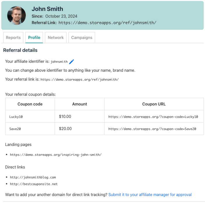 Direct Link Tracking - Affiliate View