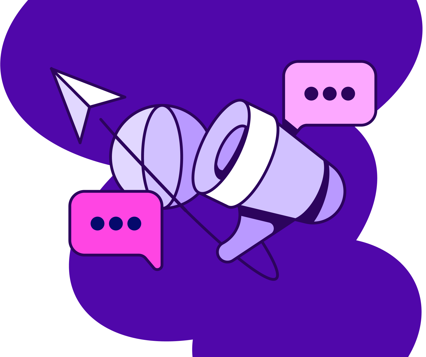 Illustrated icons of a globe, paper airplane, megaphone, and speech bubbles