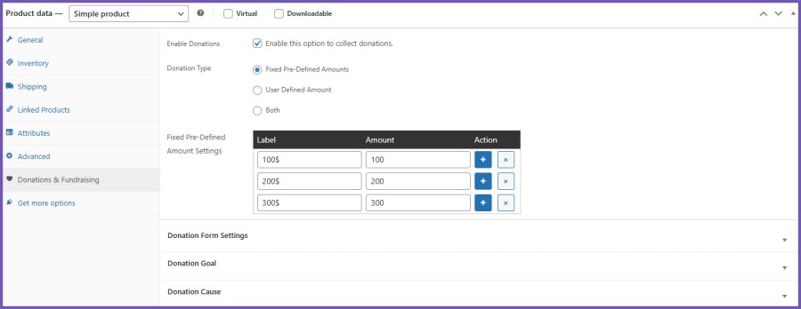 Donations & Fundraising - Product Settings