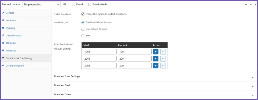 Donations & Fundraising - Product Settings