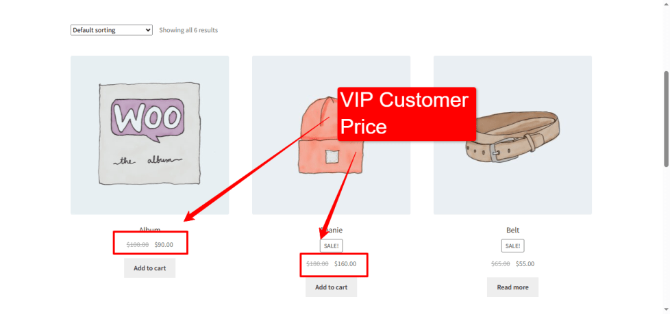 Illustration showing VIP customer pricing in WooCommerce, highlighting a lower price for VIP users compared to regular customers.