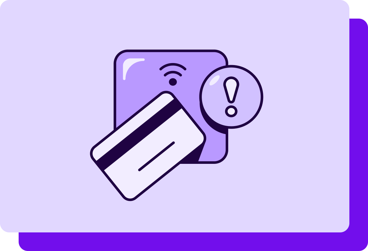 Icons of a credit card, error message indicator, and screen reader