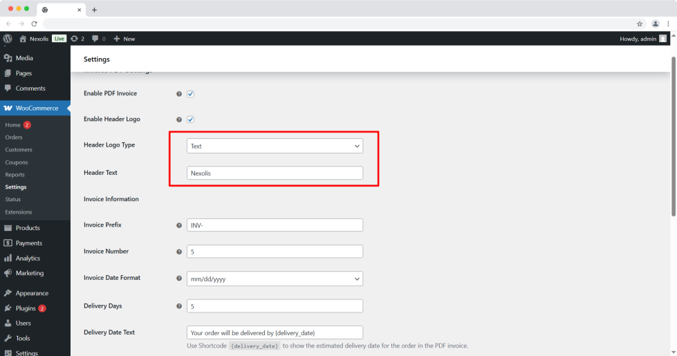 WooCommerce PDF invoice showing custom header with company logo or text branding for professional invoice design
