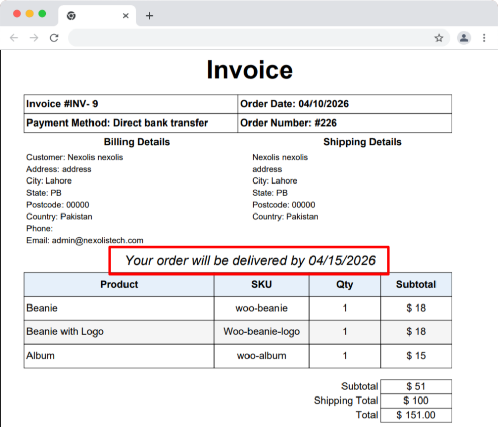 WooCommerce PDF invoice showing dynamic delivery date message calculated automatically using placeholder