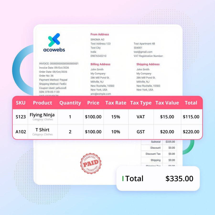 PDF invoice showing order items, prices, tax rates, and the order total