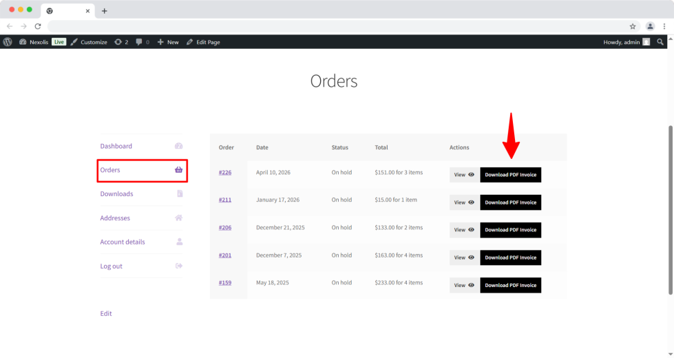 WooCommerce My Account orders page showing PDF invoice download button for customers