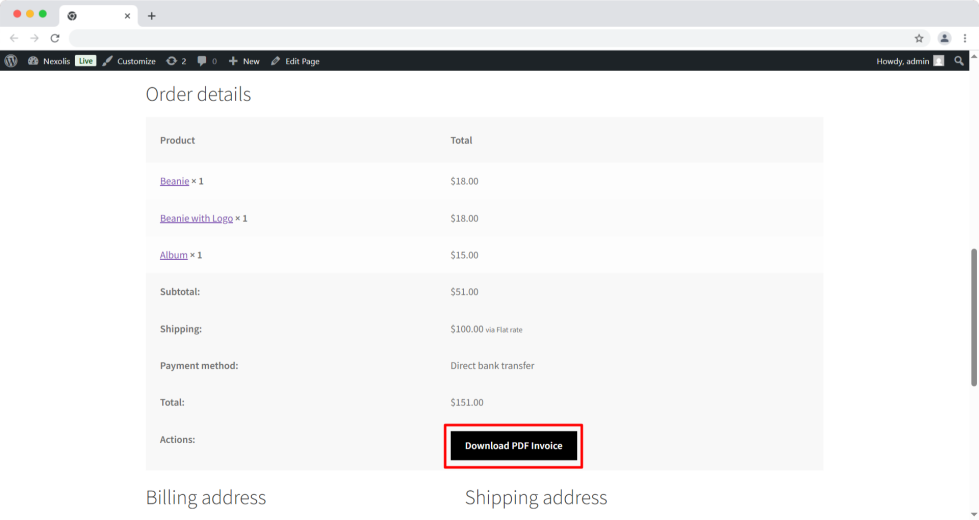 WooCommerce Thank You page showing PDF invoice download button after order completion