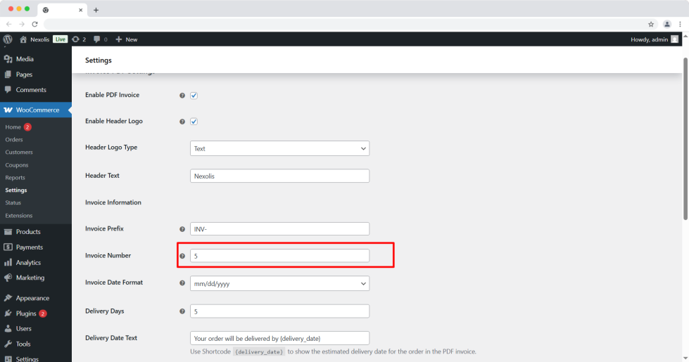 WooCommerce PDF invoice settings showing option to start invoice numbering from any custom number for flexible order management