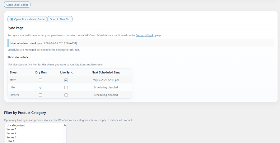 WooCommerce Google Sheets stock sync dashboard with dry run and scheduled sync options