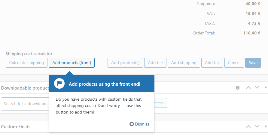 Add products from front end button in WooCommerce admin order editor.