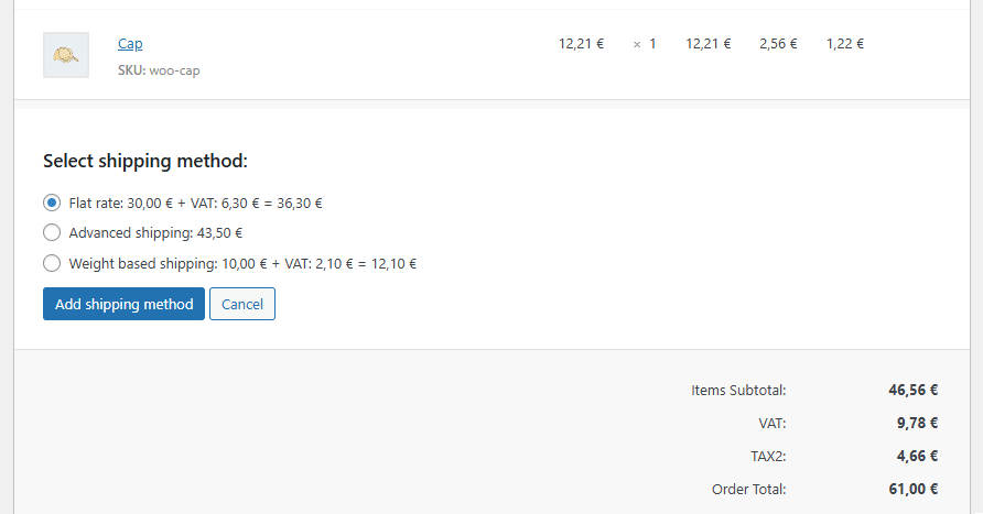 List of available shipping methods with prices and taxes in WooCommerce admin.