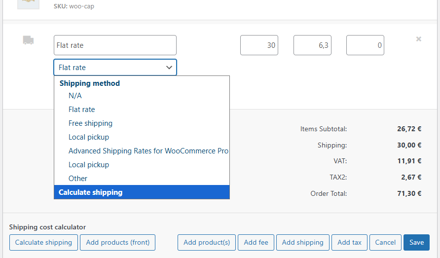 Calculate shipping option when editing a shipping method in WooCommerce admin.