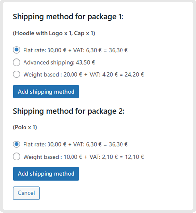 Multiple shipping packages with individual shipping methods in WooCommerce admin