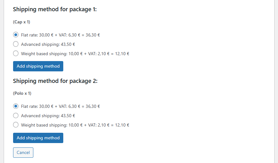 Multiple shipping packages with individual shipping methods in WooCommerce admin.