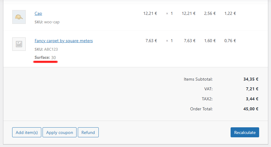 Product with custom fields and add-ons saved in WooCommerce order.