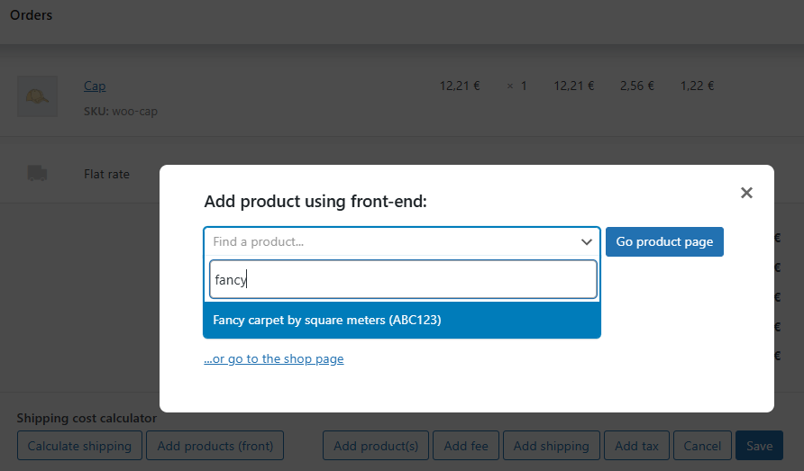 Product search popup for adding front end products to WooCommerce order.