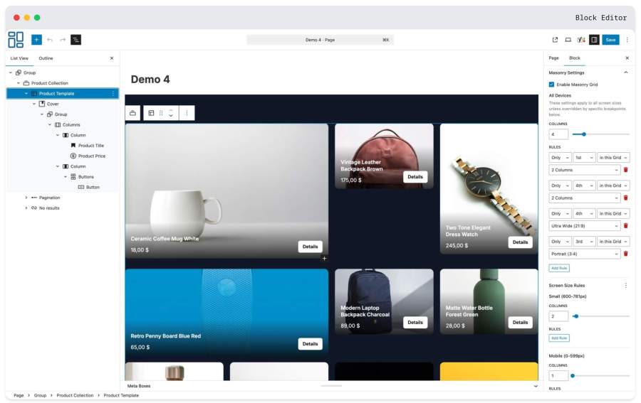 Draw attention to featured products with column spanning.