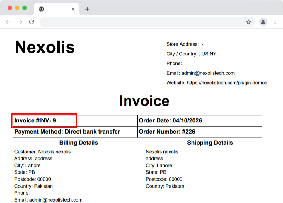 WooCommerce PDF invoice showing custom invoice number with prefix support such as INV-2026 for professional order numbering