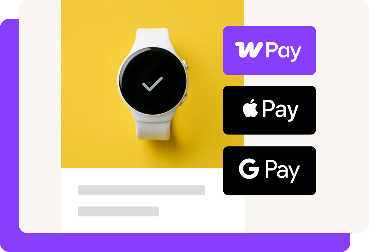 A white smartwatch with a checkmark on its screen sits on a yellow background, alongside payment option buttons for WooPay, Apple Pay, and Google Pay displayed on a product page layout.