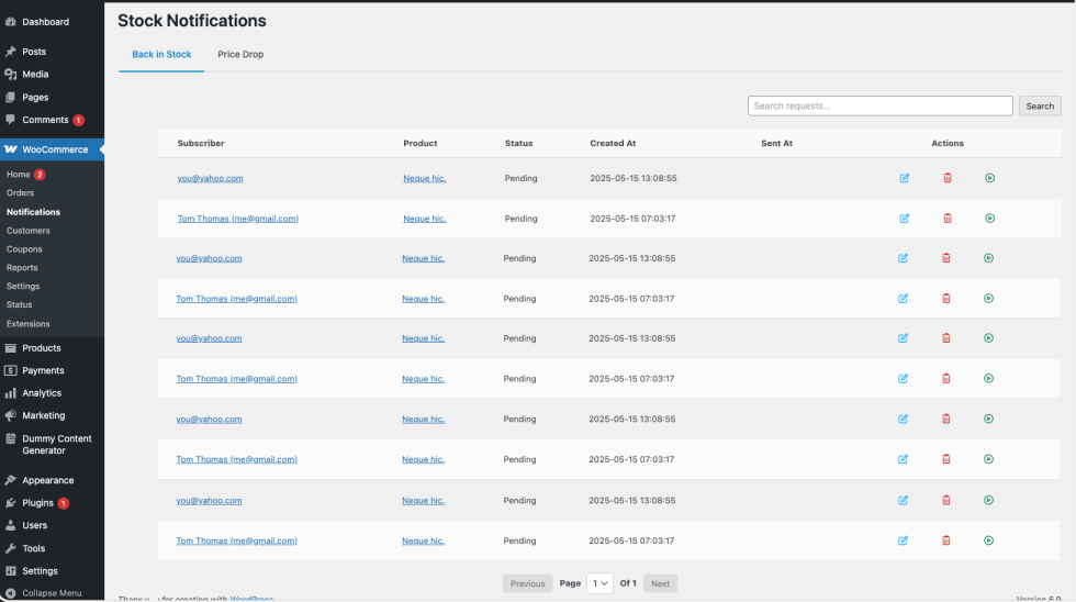 WooCommerce admin — Smart Stock Notifications “Back in Stock” requests table showing Subscriber, Product, Status, Created At, Sent At, and row Actions (edit, delete, send)