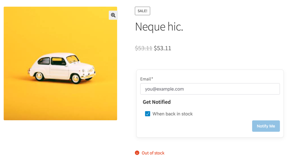 WooCommerce product page screenshot showing the Back-in-Stock signup form (email field, “When back in stock” checkbox, “Notify Me” button) from the Smart Stock Notifications plugin on an out-of-stock item