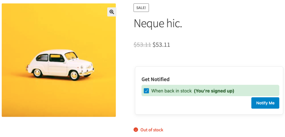 WooCommerce product page showing the Back-in-Stock signup form from Smart Stock Notifications with a green “You’re signed up” confirmation state (email already subscribed) on an out-of-stock item