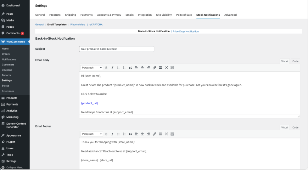 WooCommerce settings screen showing the Smart Stock Notifications Email Templates UI for Back-in-Stock and Price Drop notifications (Subject, Email Body, Email Footer editors with placeholders).