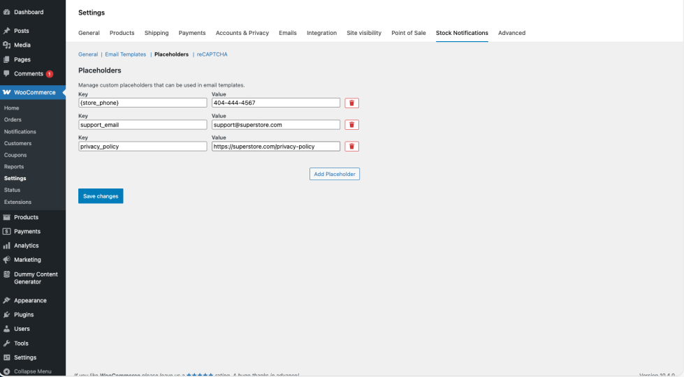 WooCommerce settings screen showing the Smart Stock Notifications Placeholders tab with Key/Value fields (e.g., {store_phone}, support_email, privacy_policy), save and add buttons
