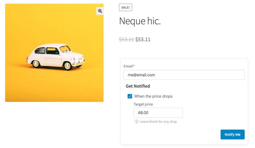 WooCommerce product page showing the Price-Drop signup form from Smart Stock Notifications in a filled state: email entered, “When the price drops” checked, and Target price set to $48.00, with a “Notify Me” button.