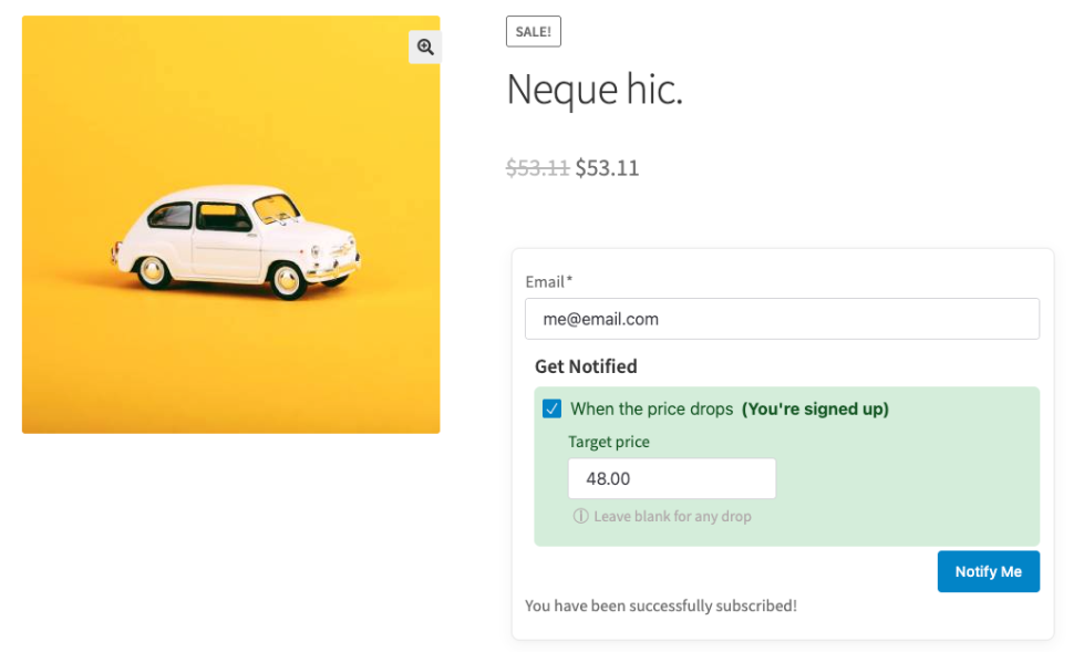 WooCommerce product page showing the Price-Drop signup form from Smart Stock Notifications in a success state with a green “You’re signed up” confirmation and the Target price field ($48.00) visible