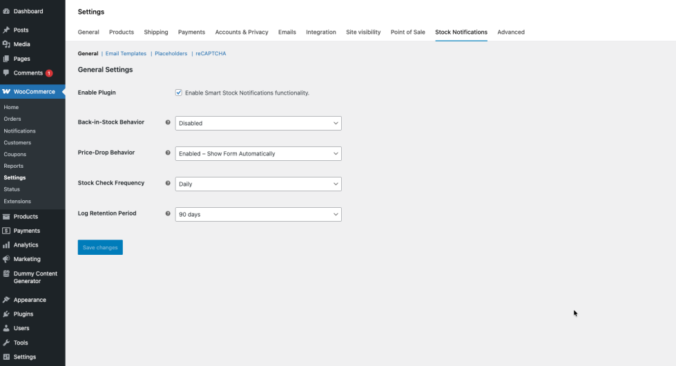 WooCommerce → Settings → Stock Notifications — General tab showing options for Enable Plugin, Back-in-Stock Behavior, Price-Drop Behavior, Stock Check Frequency, and Log Retention Period.