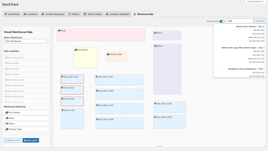 StockTrack - warehouse map - showing order
