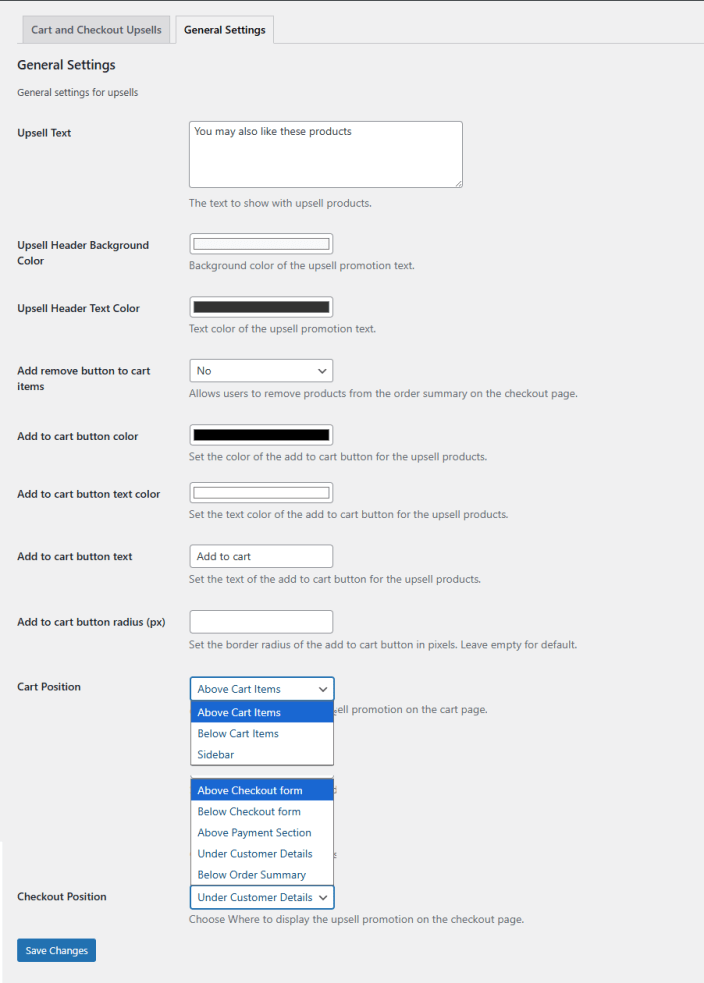 Cart Checkout and Upsell Settings