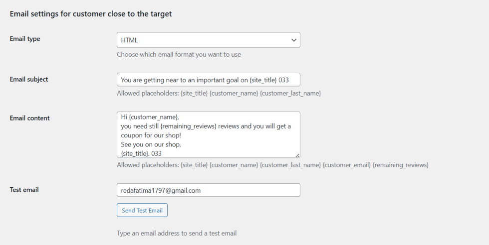 Email Settings for Customer Close to Target